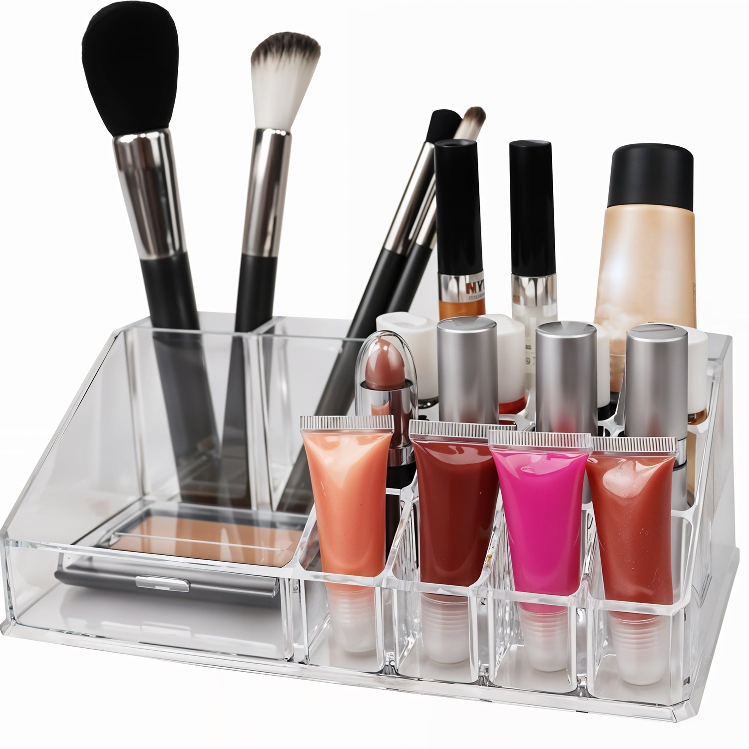 Top view of the clear acrylic organizer showing all 16 compartments