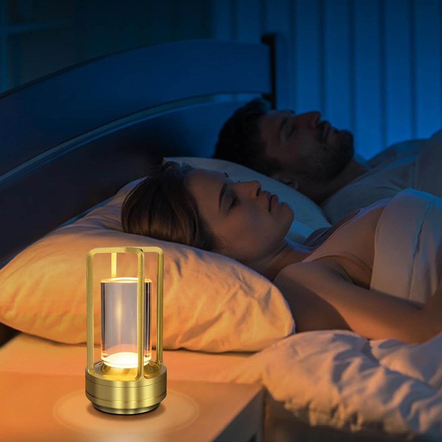 Crystal Lantern Table Lamp illuminated on table