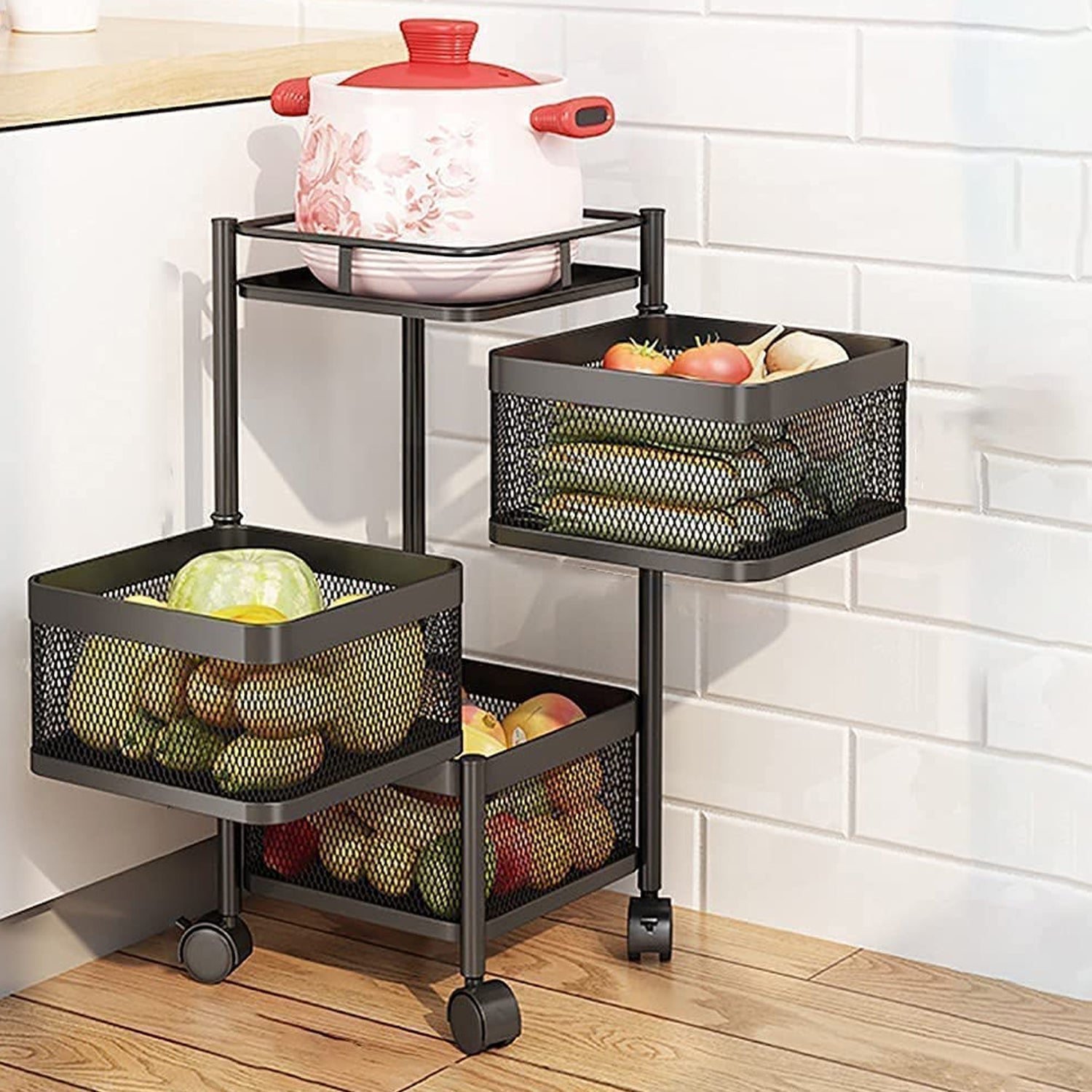 3-layer metal kitchen trolley with wheels and square baskets