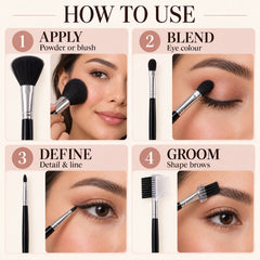 A collage of four images showing different makeup brushes being used for powder, eyeshadow, eyeliner, and eyebrow grooming.