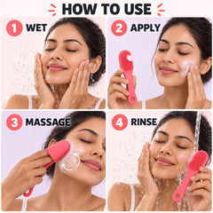 A four-panel graphic illustrating how to use the pink silicone brush for facial cleansing, from wetting to rinsing.
