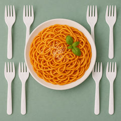 Stack of 10 compostable bagasse forks