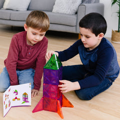 Children playing with 26-piece magnetic building tiles