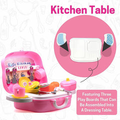 All 23 pieces of the kids kitchen play set neatly arranged