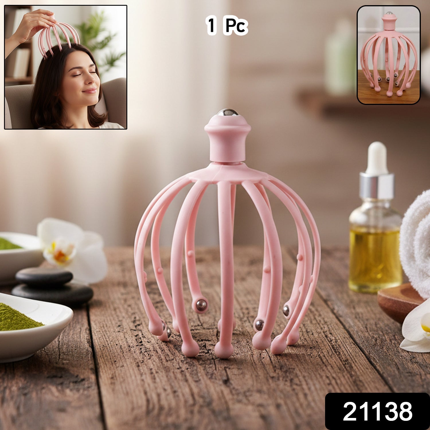 Handheld scalp massager in use