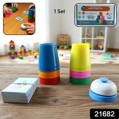 Kids playing Cup Stacking Game with challenge cards