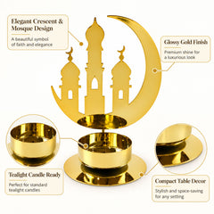 A golden metal crescent moon and mosque design incense holder, with text highlighting its features.