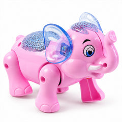 A pink plastic elephant toy with blue glitter ears and a textured back stands on a white surface.