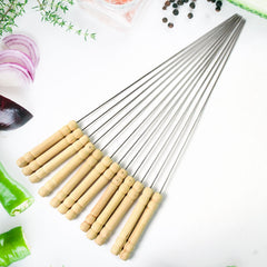 Set of 12 stainless steel BBQ skewers with wooden handles