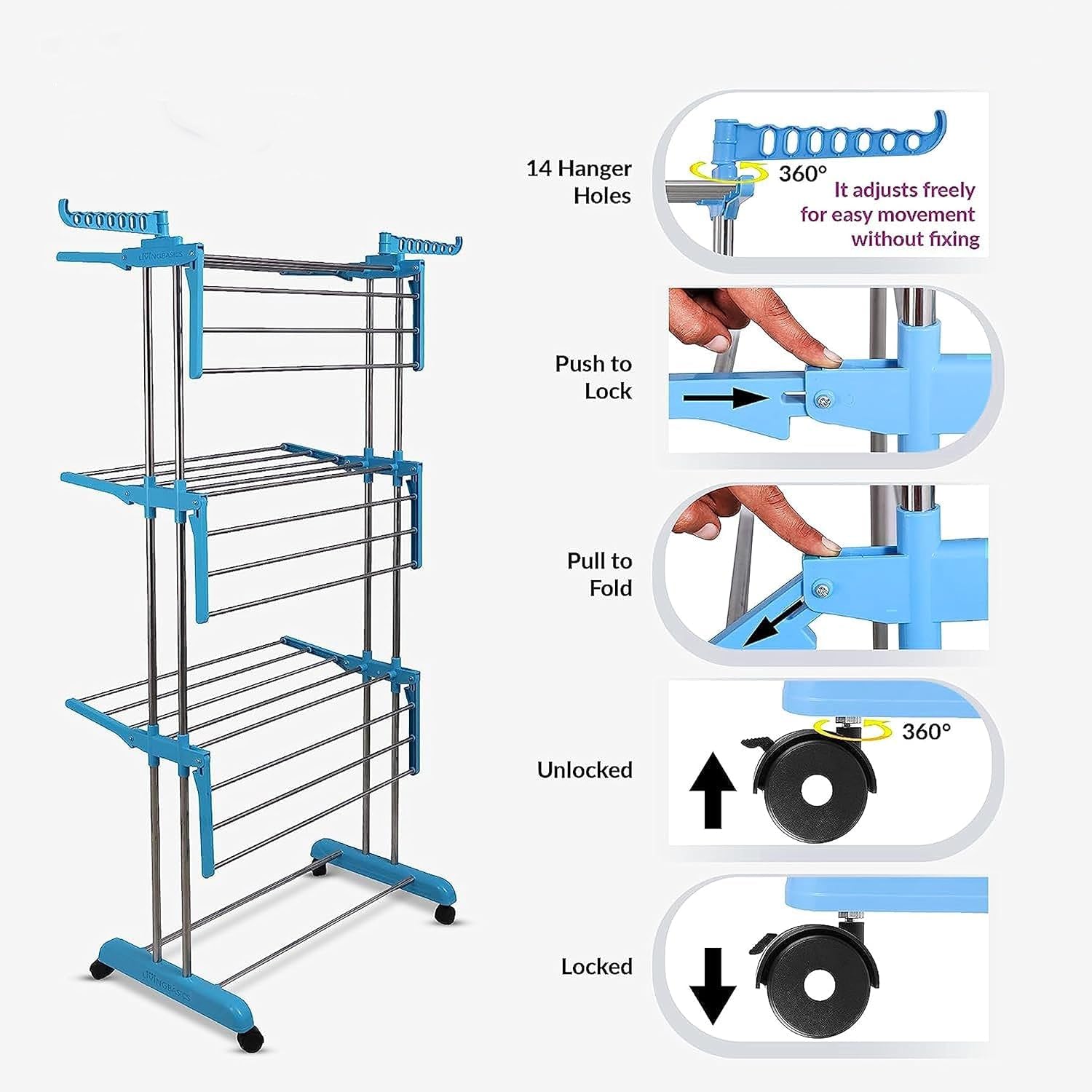 Stainless steel foldable clothes drying stand with six wings