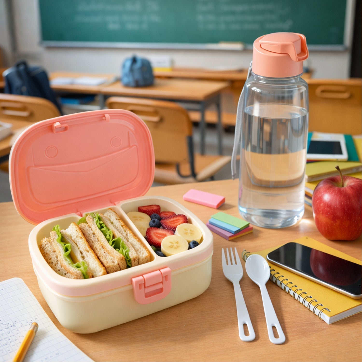Plastic lunch box and matching water bottle combo set for school