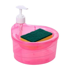 Soap dispenser with sponge placed in holder next to sink