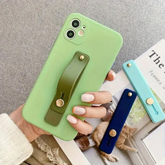 Side view of phone with silicone finger grip strap