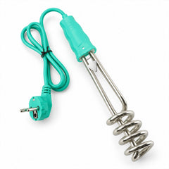 The teal and silver electric immersion water heater rod, with its cord coiled, rests on a clean white background.