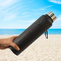 Sweat-proof black insulated water bottle with condensation droplets