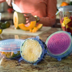 Silicone stretch lids covering bowls of different sizes