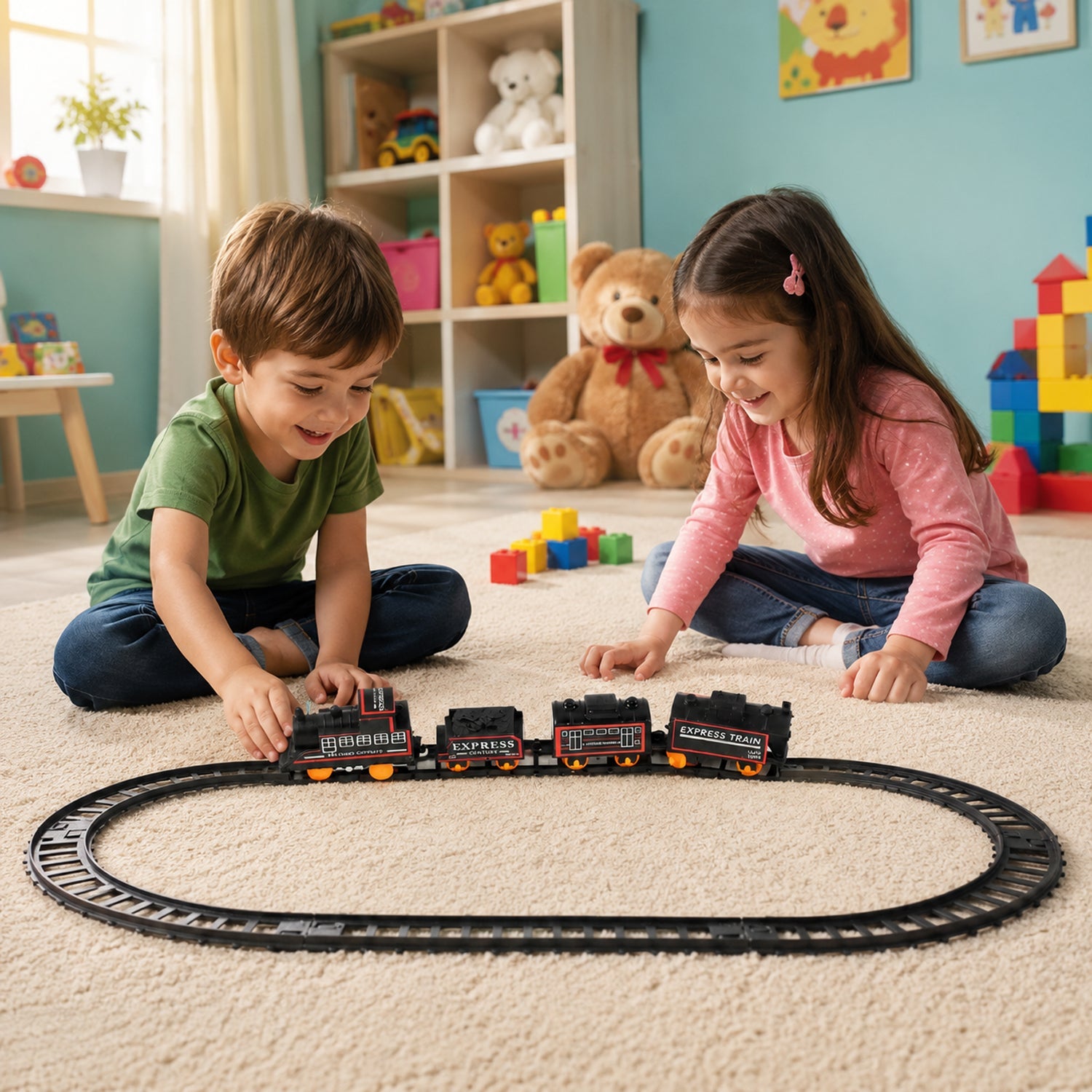 Battery operated electric train track play set with lights and sounds