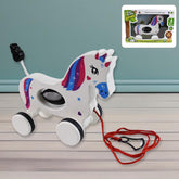 White unicorn pull along toy with rainbow mane & tail