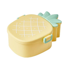 Angled view of an open pineapple bento box with included fork and spoon
