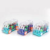 Transparent musical mini school bus toy showing its gears.