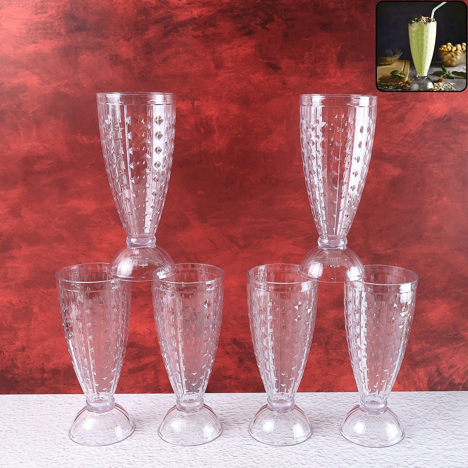 Supermom transparent plastic milkshake glass set front view