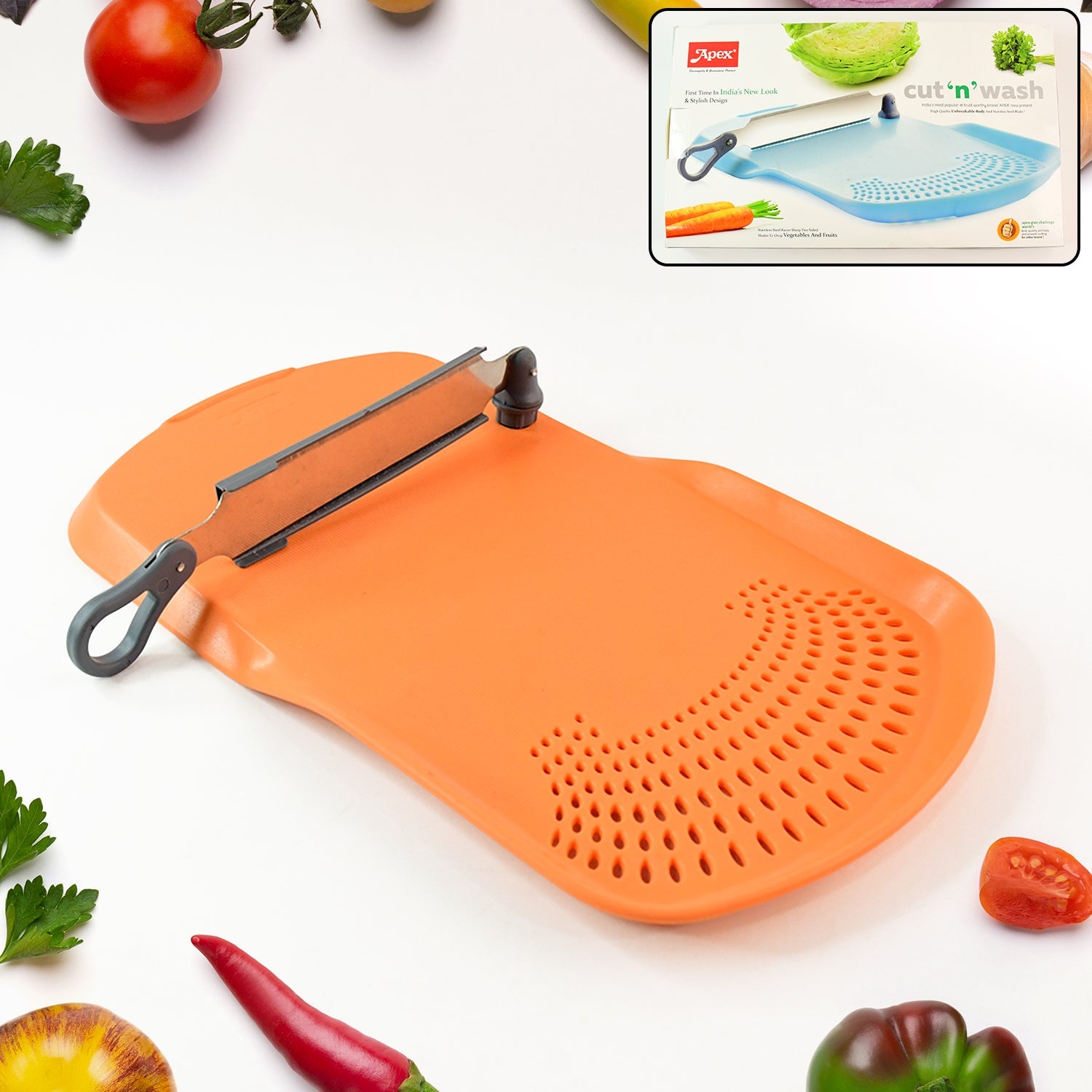 Apex Cut 'n' Wash cutting board with integrated strainer & knife
