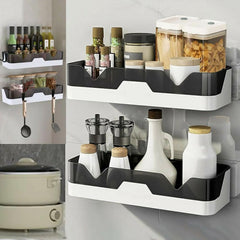 Wall storage rack holding bottles and toiletries