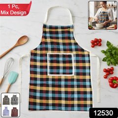 Cotton Checkered Kitchen Apron with Front Pocket (1 Pc)