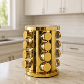 LED Rotating Spice Rack Organizer with 16 Glass Jars in Golden finish