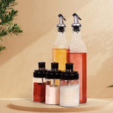 5-piece glass oil dispenser and spice jar kitchen set