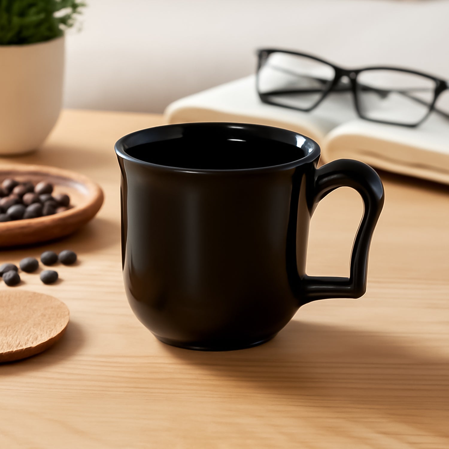 Premium black plastic coffee and tea mug with handle