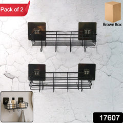 Close-up of adhesive mounted metal storage holder with hooks