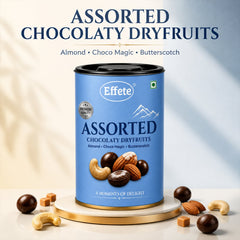Close up of Effete assorted chocolaty dryfruits showing almond and butterscotch pieces.