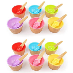 Colorful ice cream bowls and spoons arranged