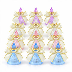 Twelve faceted LED candles with cream bows and gold trim are arranged in rows on a clean white background.
