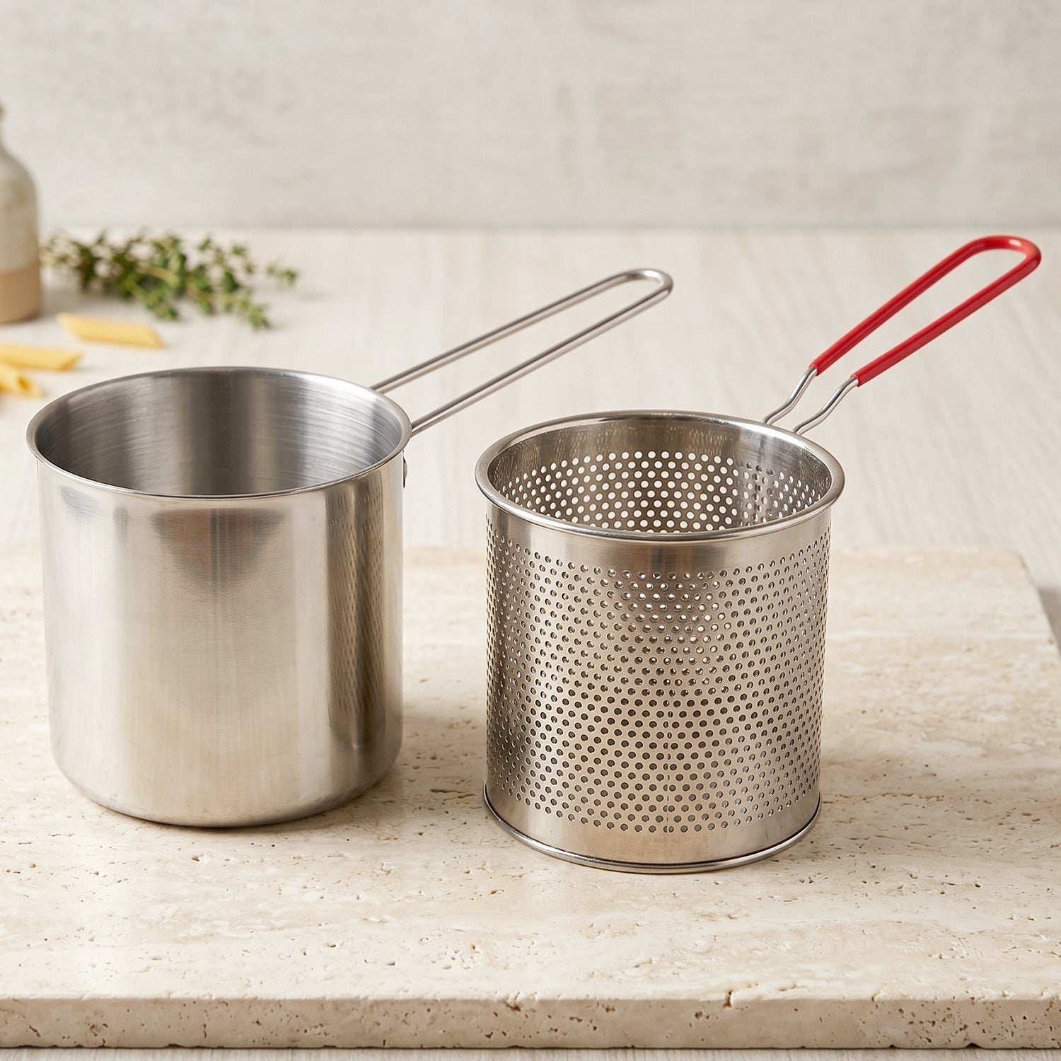 Steel deep frying pot strainer basket set