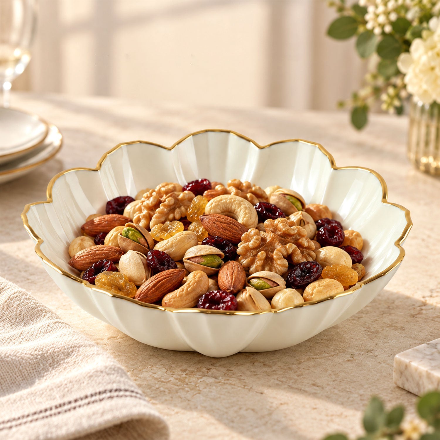 White ceramic scalloped bowl with a gold rim filled with mixed nuts and dried fruits on a light table.