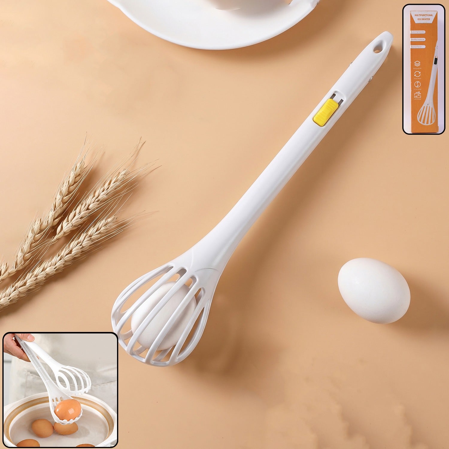 Manual egg beater with a white handle and open whisk head for mixing and grabbing noodles.