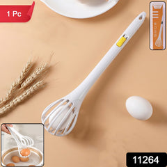 Close-up of food-grade plastic manual whisk used for beating eggs and mixing batters.