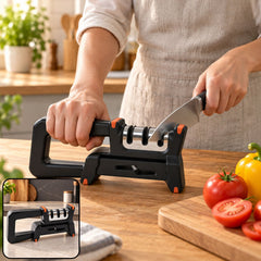 Manual three slot knife sharpener in use on kitchen counter