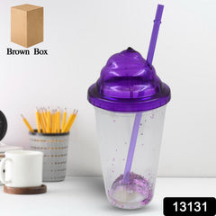 Plastic cold drink tumbler side view with straw and lid