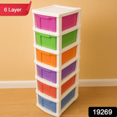 Multi-colored storage cabinet with tinted tiers