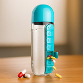 Multi-use pill and water bottle with pill compartments and colored lid