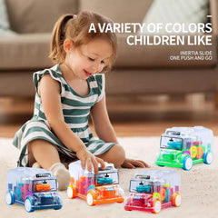 Kids playing with a transparent musical school bus toy.