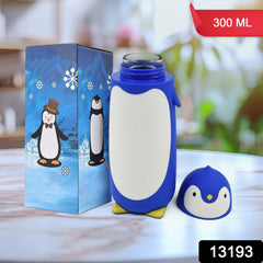 Insulated penguin water bottle with cap removed, showing wide mouth
