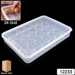 Top-down view of an empty 24-grid clear plastic egg tray