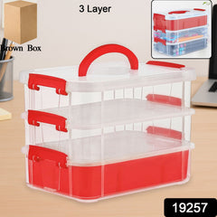 Stacked multi-layer plastic carry box showing all compartments