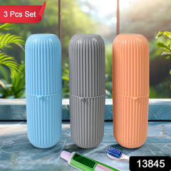 Three capsule travel cases in blue, pink, & green