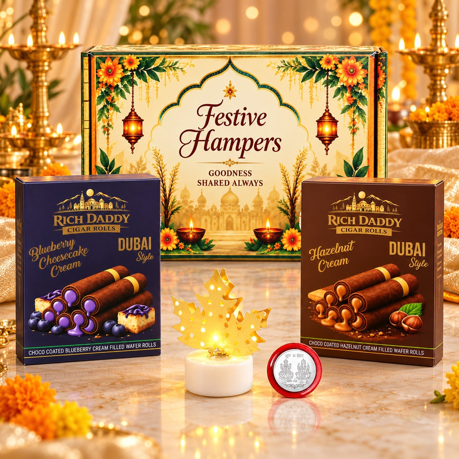A festive hamper box with two smaller boxes of wafer rolls, a lit maple leaf lamp, and a silver coin.
