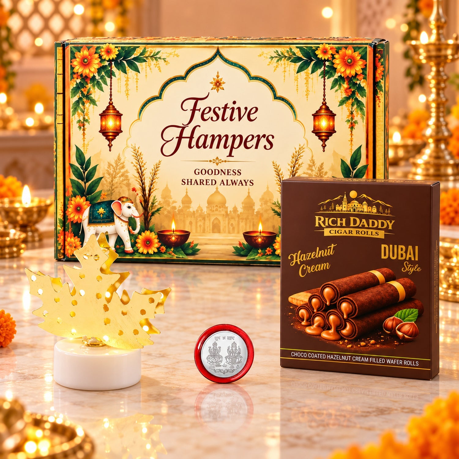 A festive gift hamper with a decorative box, a gold maple leaf lamp, and a box of hazelnut wafer rolls.